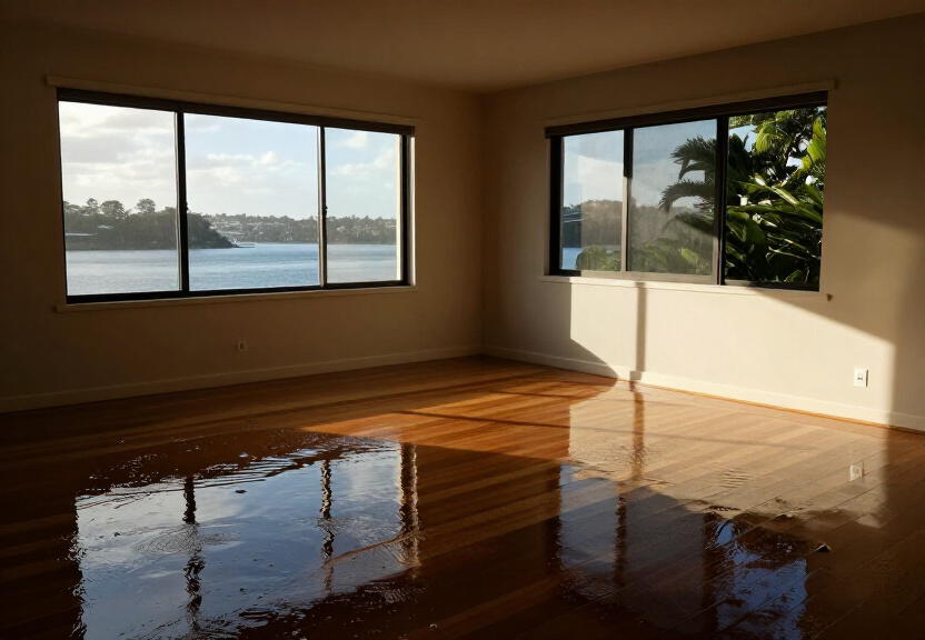 Flooded living room in a Bexley home before restoration